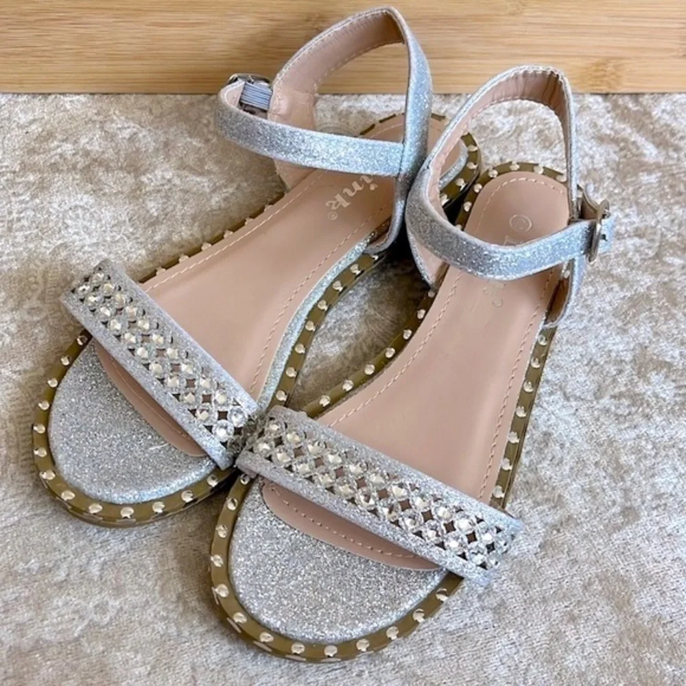 Brand New Link Silver Tone Beaded Embellished Sparkly Ankle Strap Buckle Sandals